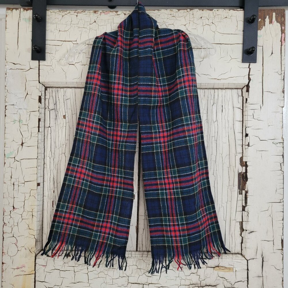 Vtg Pendleton 100% Wool Blue Red Green Blk Plaid Check Tartan Scarf Fringe 9X58"